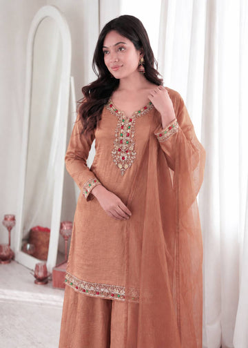 Rose Gold Salsa Silk 3-Piece Palazzo Suit with Sequence, Embroidery & Kundan Work