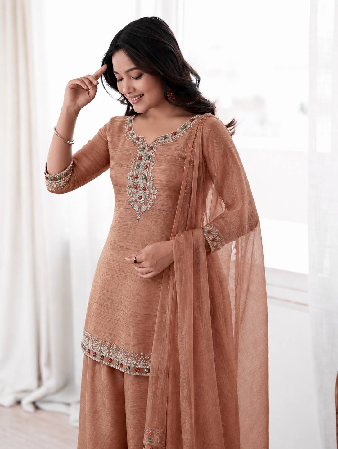 Rose Gold Salsa Silk 3-Piece Palazzo Suit with Sequence, Embroidery & Kundan Work
