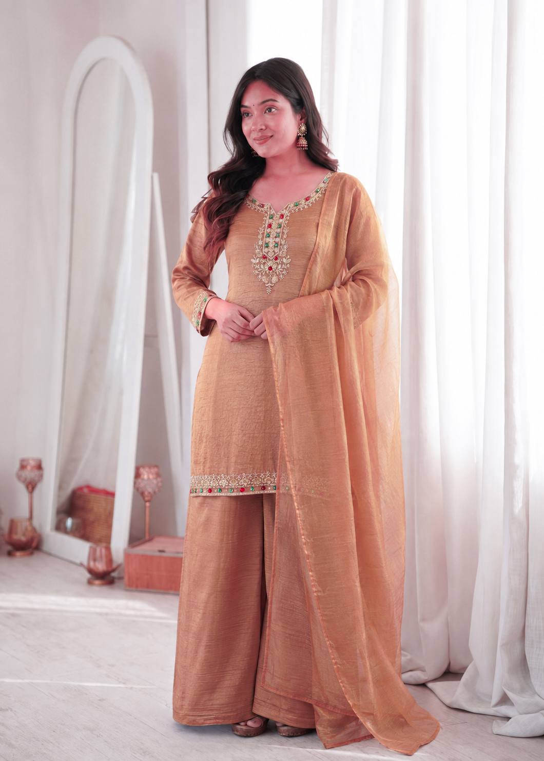 Rust Salsa Silk Embroidery & Kundan Work With Palazzo Set