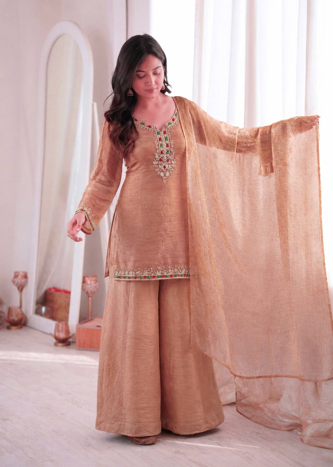 Rose Gold Salsa Silk 3-Piece Palazzo Suit with Sequence, Embroidery & Kundan Work