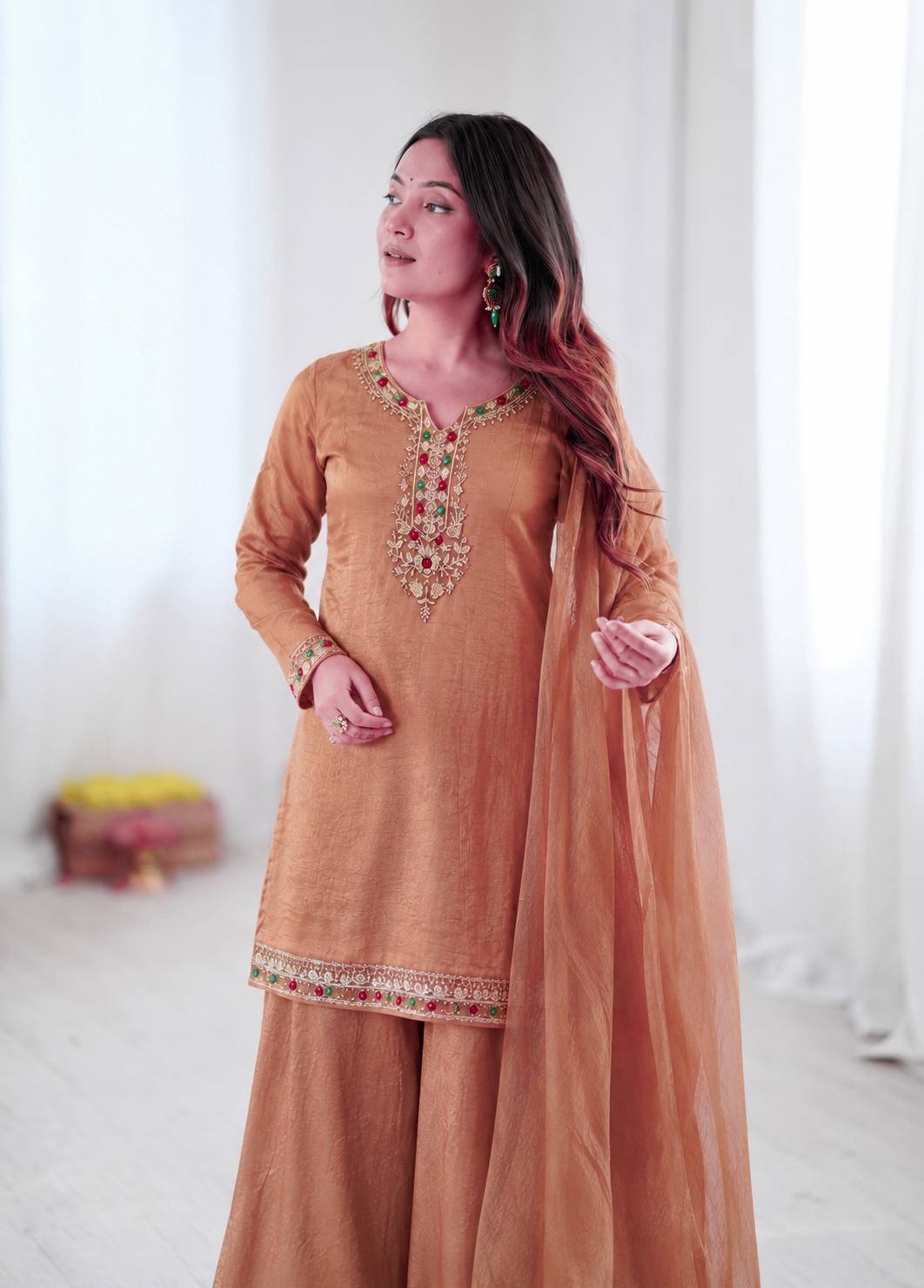 Rose Gold Salsa Silk 3-Piece Palazzo Suit with Sequence, Embroidery & Kundan Work