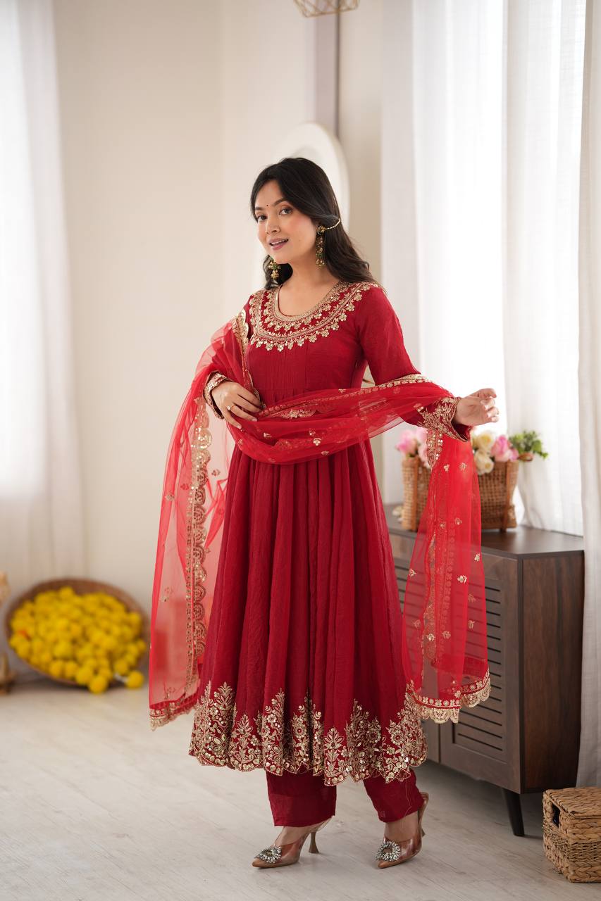 Aqua Red Crush Embroidery Sequence Work 3-Piece Gown Set
