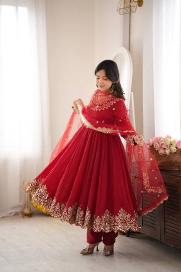 Aqua Red Crush Embroidery Sequence Work 3-Piece Gown Set