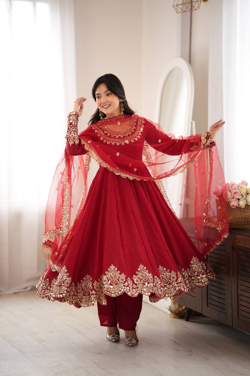 Aqua Red Crush Embroidery Sequence Work 3-Piece Gown Set