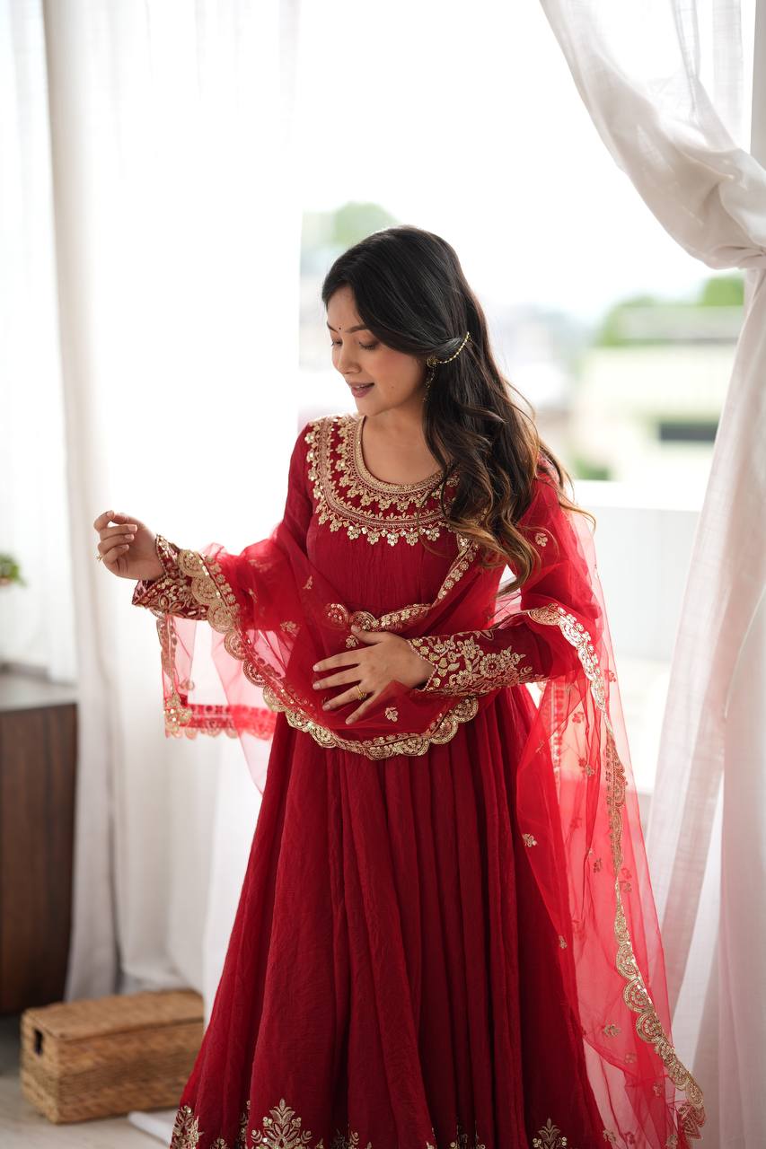Aqua Red Crush Embroidery Sequence Work 3-Piece Gown Set