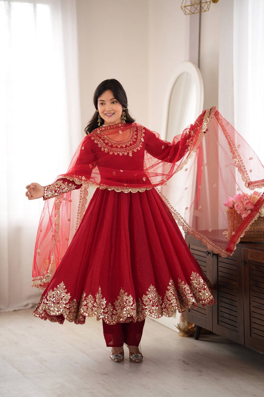 Aqua Red Crush Embroidery Sequence Work 3-Piece Gown Set