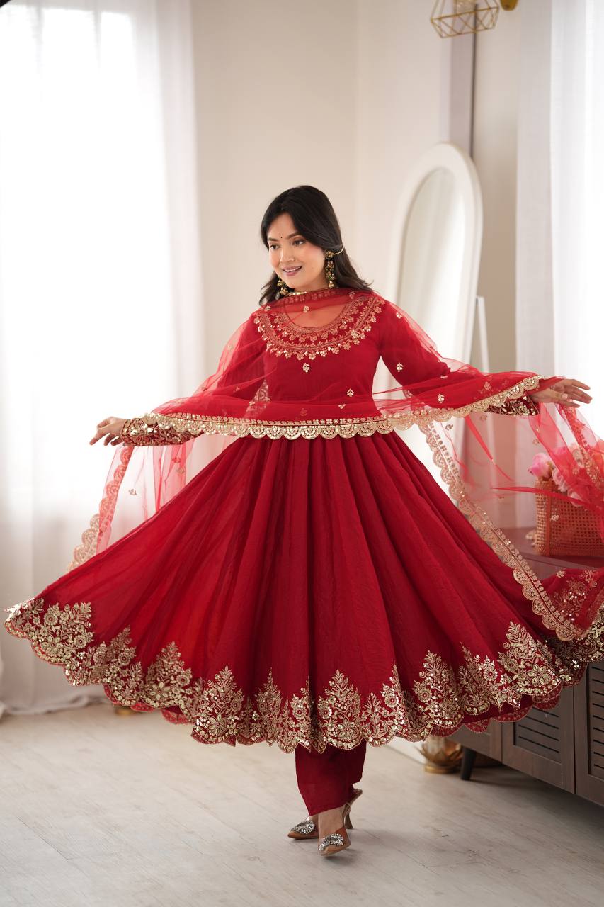 Aqua Red Crush Embroidery Sequence Work 3-Piece Gown Set