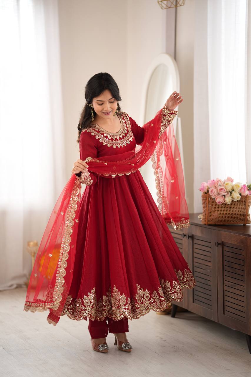 Aqua Red Crush Embroidery Sequence Work 3-Piece Gown Set