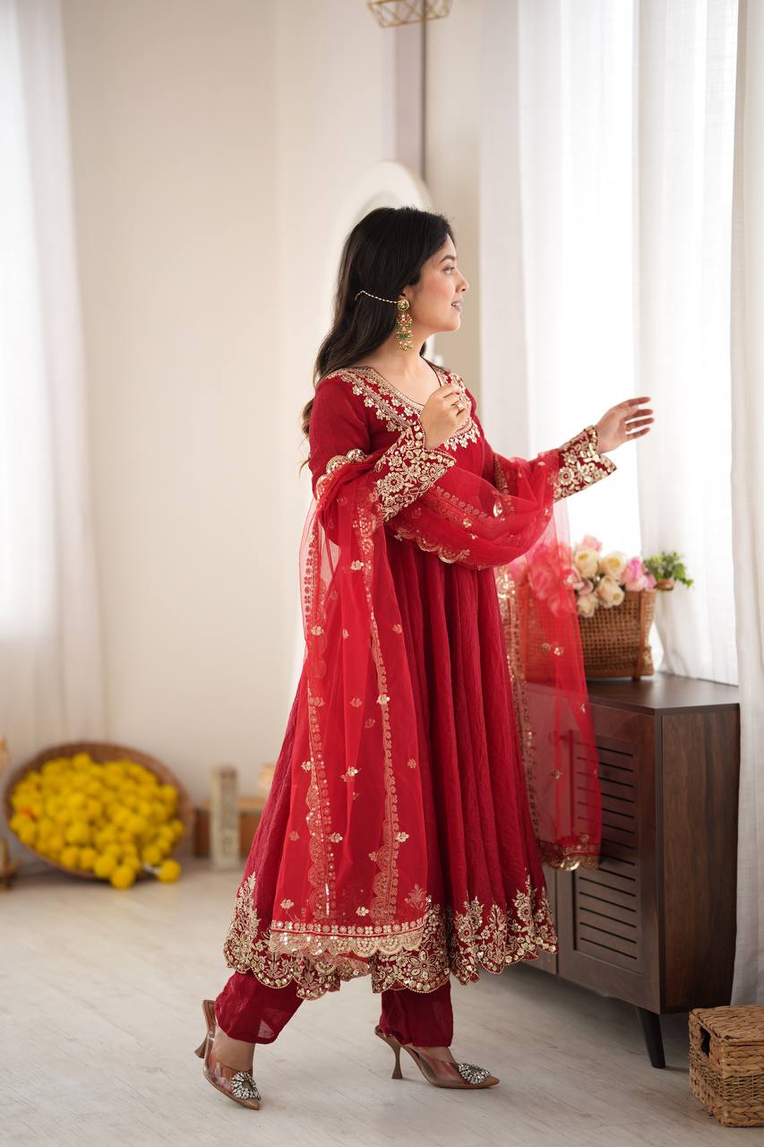 Aqua Red Crush Embroidery Sequence Work 3-Piece Gown Set