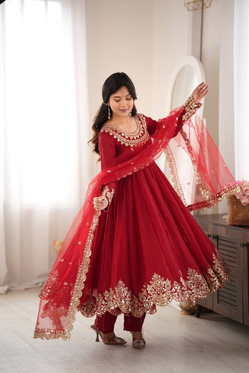 Aqua Red Crush Embroidery Sequence Work 3-Piece Gown Set