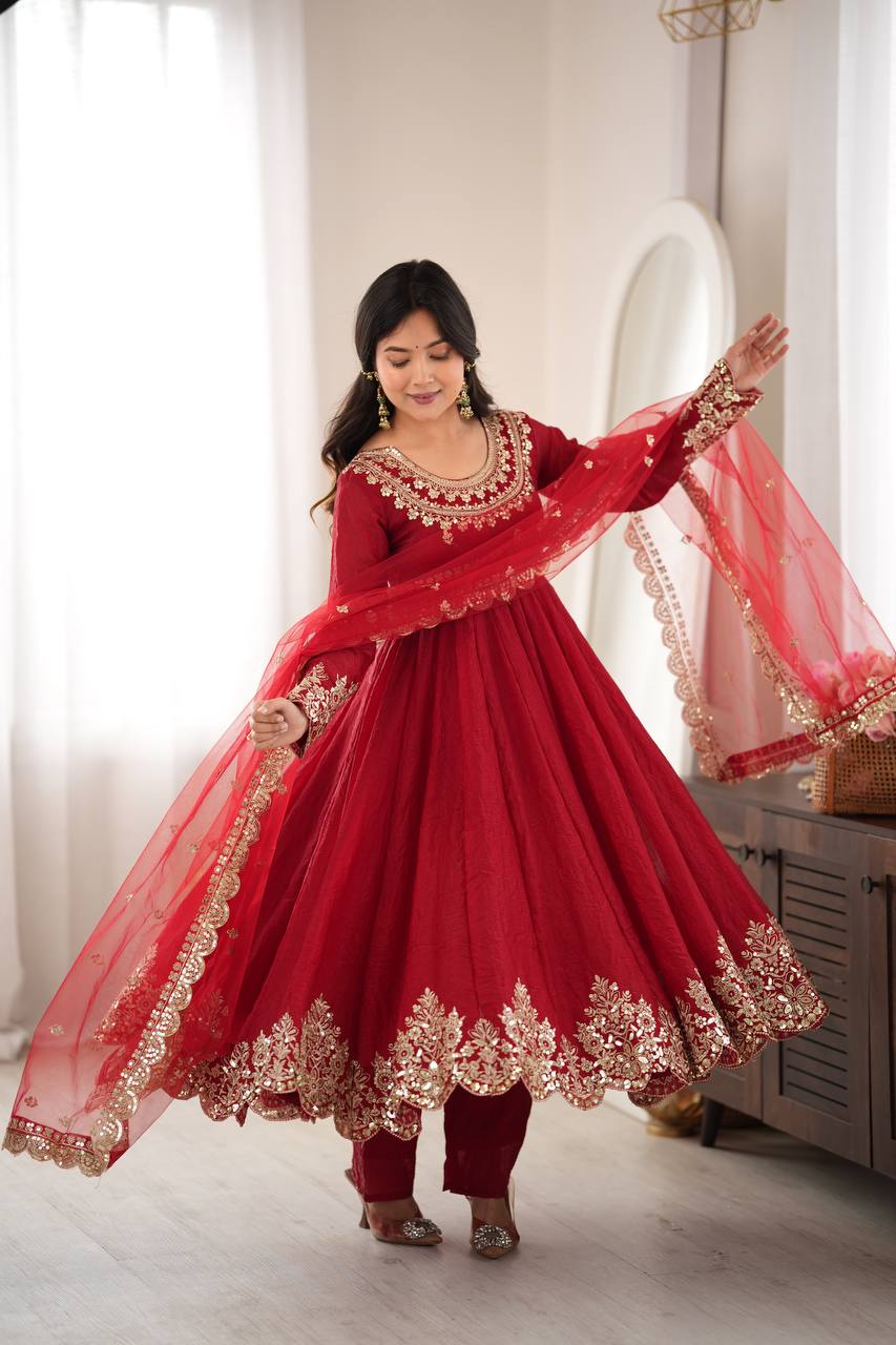 Aqua Red Crush Embroidery Sequence Work 3-Piece Gown Set