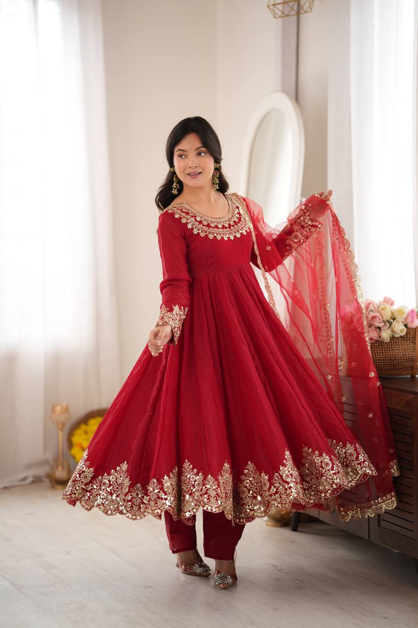 Aqua Red Crush Embroidery Sequence Work 3-Piece Gown Set