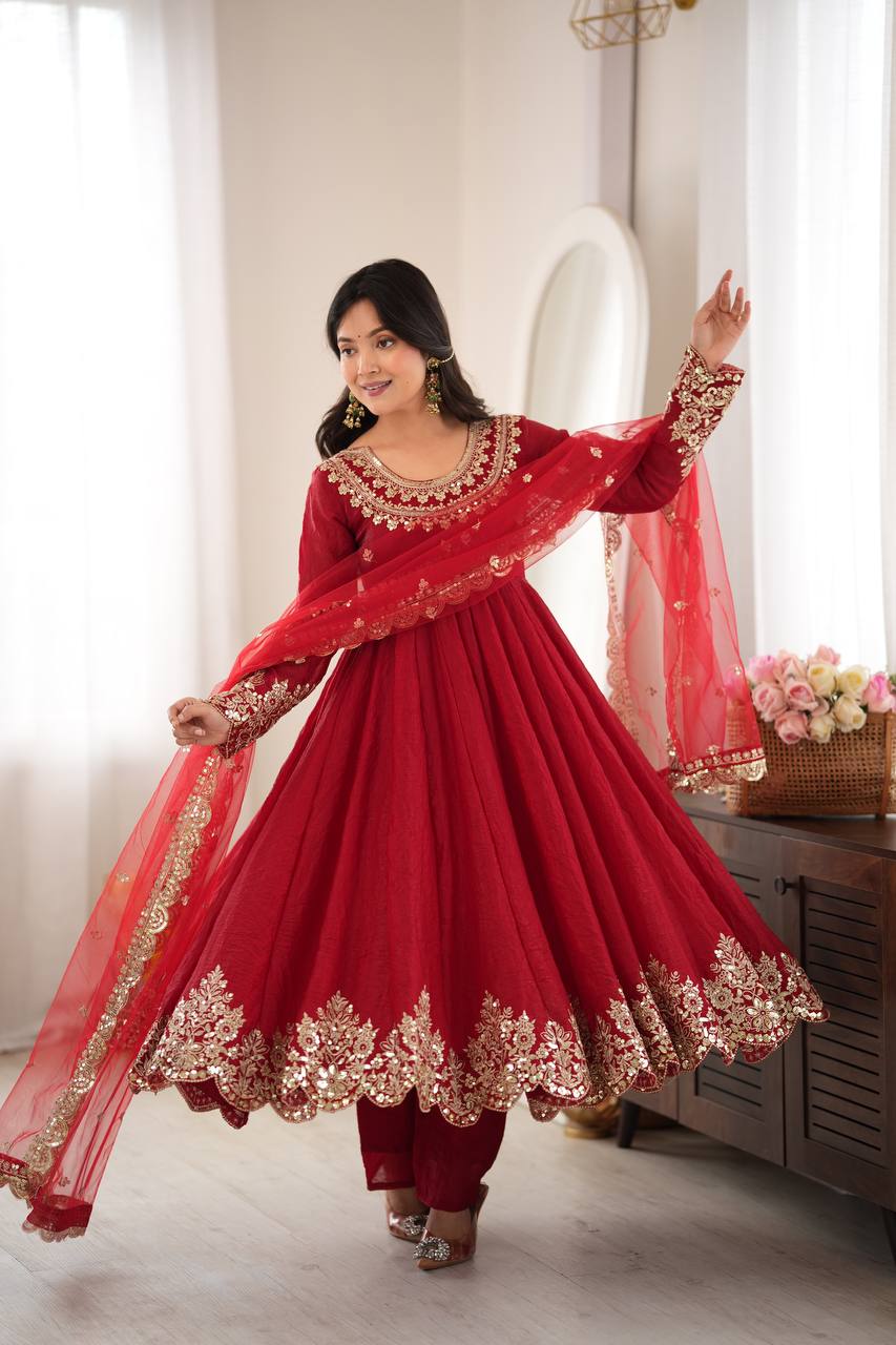 Aqua Red Crush Embroidery Sequence Work 3-Piece Gown Set