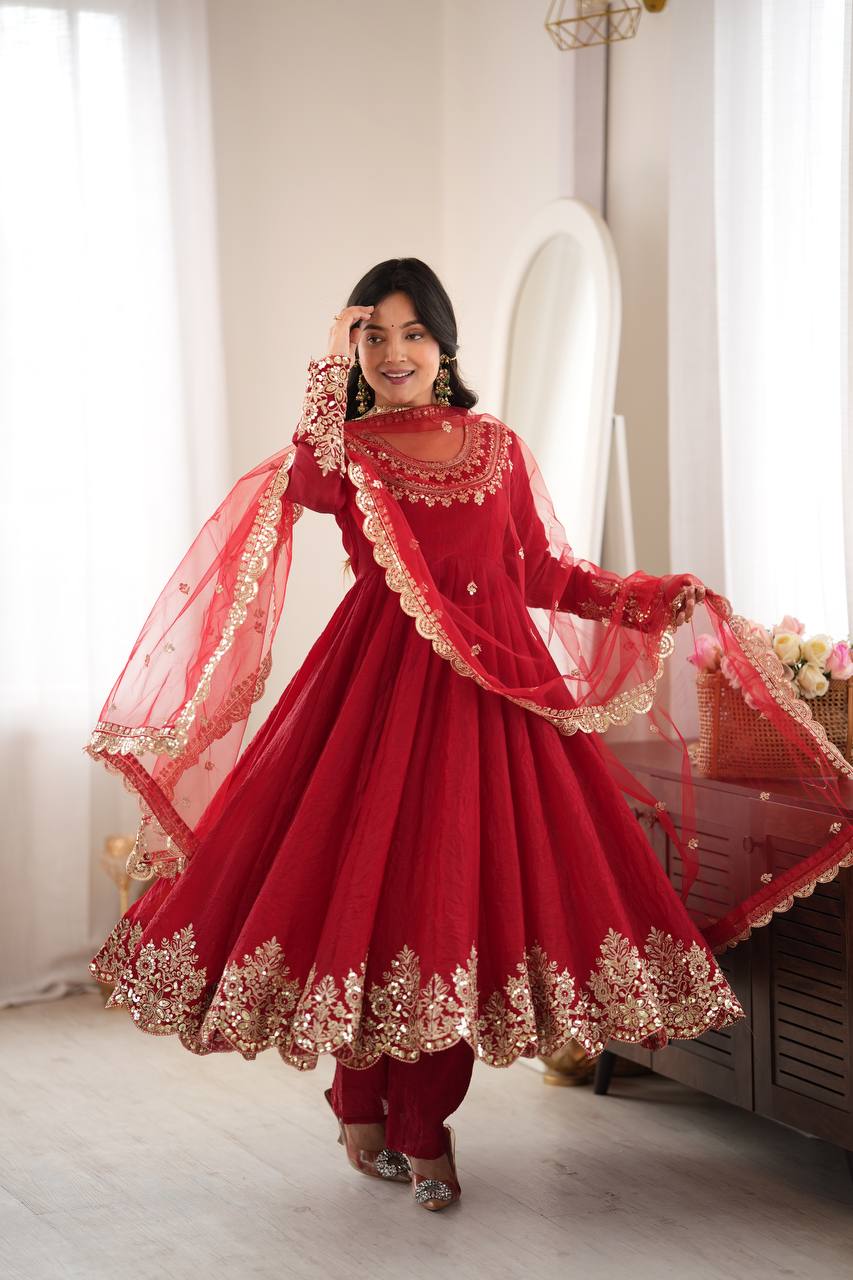 Aqua Red Crush Embroidery Sequence Work 3-Piece Gown Set