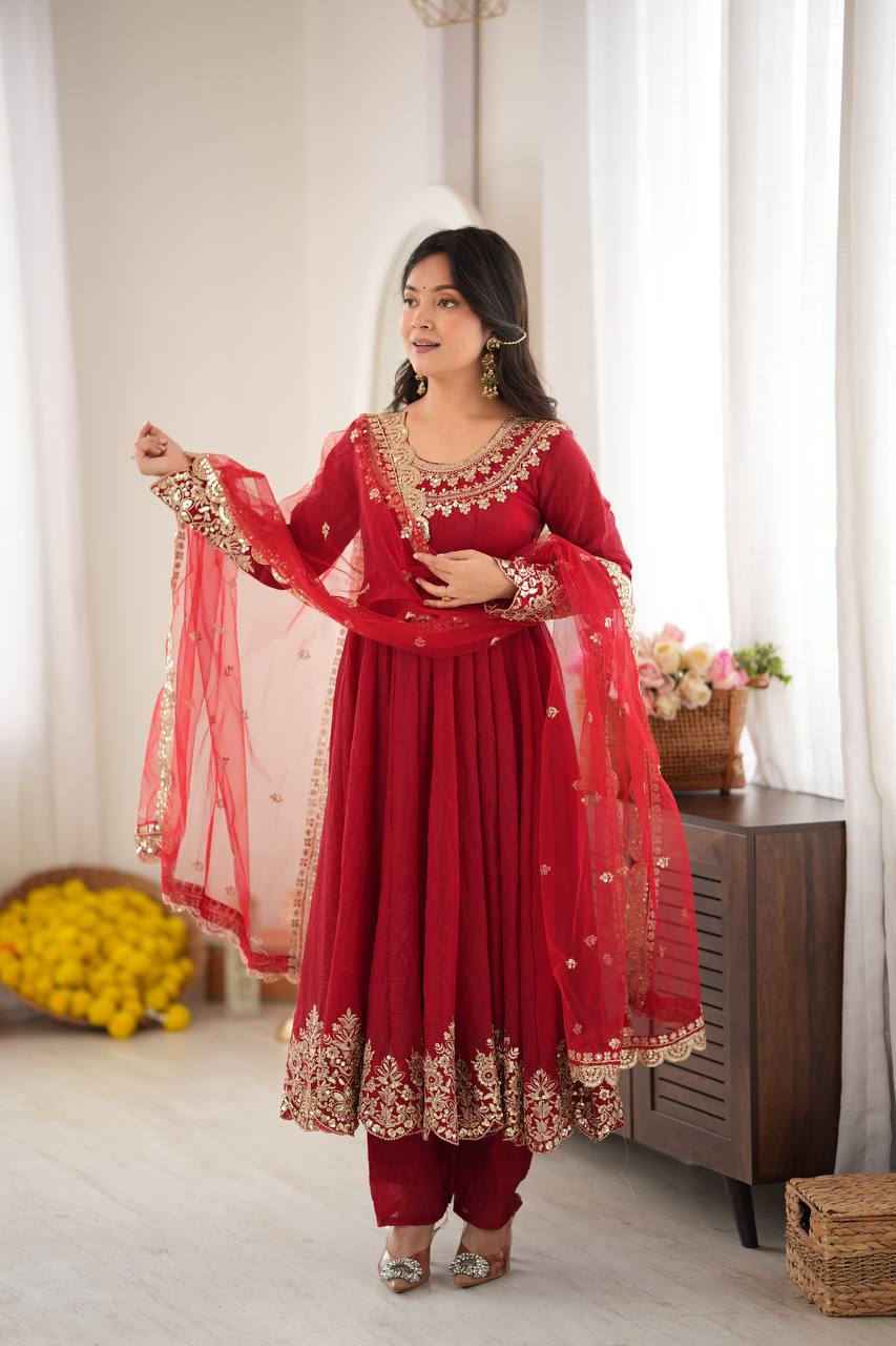Aqua Red Crush Embroidery Sequence Work 3-Piece Gown Set