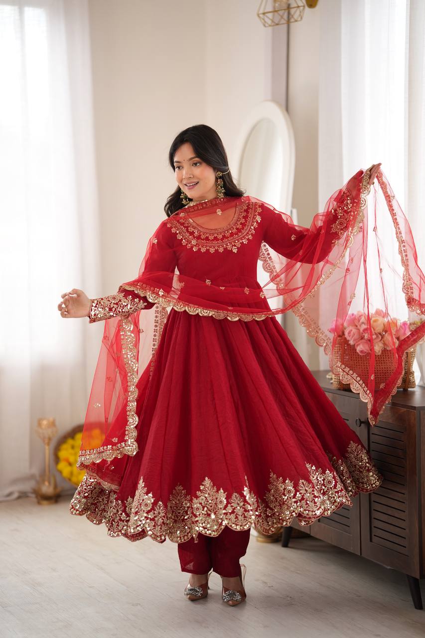Aqua Red Crush Embroidery Sequence Work 3-Piece Gown Set