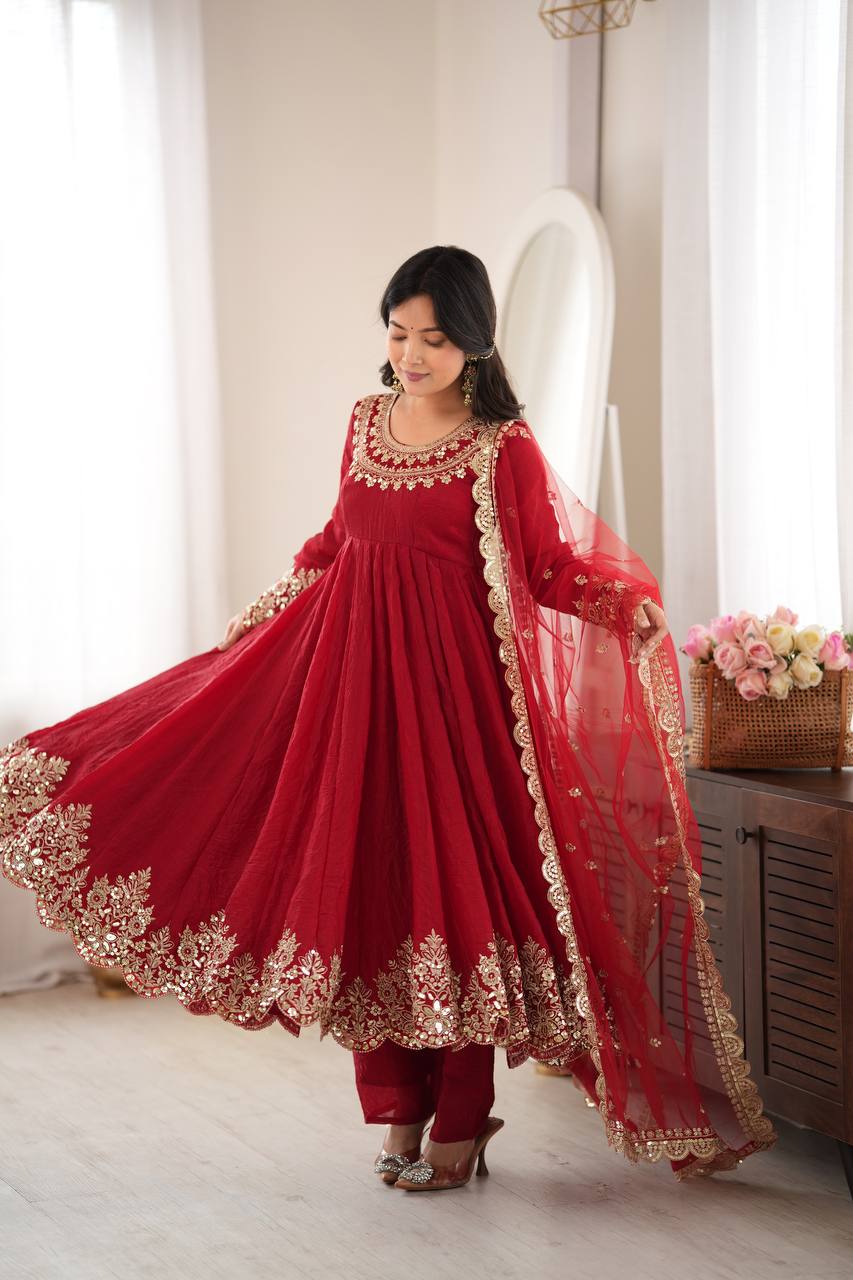Aqua Red Crush Embroidery Sequence Work 3-Piece Gown Set