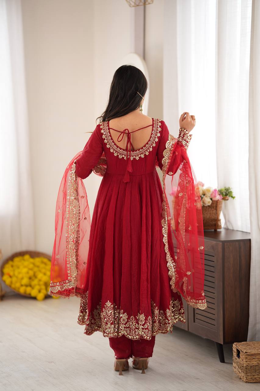 Aqua Red Crush Embroidery Sequence Work 3-Piece Gown Set
