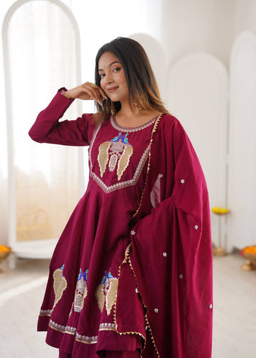 Maroon Roman Silk  Sequence Embroidery  with Palazzo Set