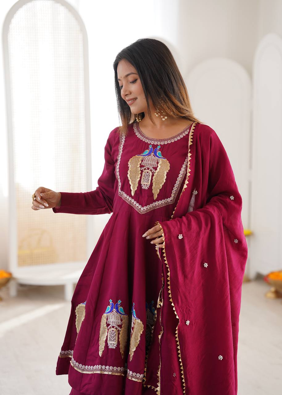 Maroon Roman Silk  Sequence Embroidery  with Palazzo Set
