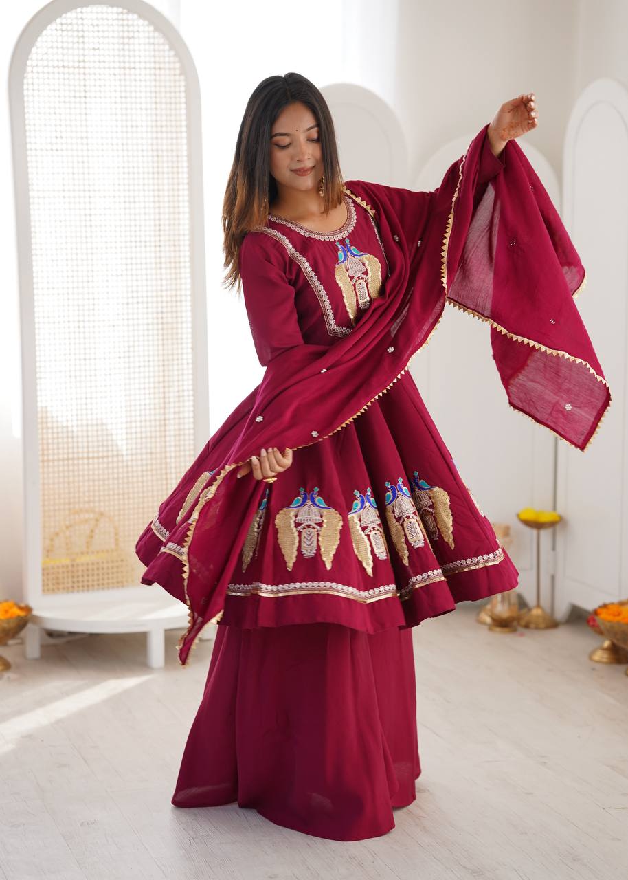 Maroon Roman Silk  Sequence Embroidery  with Palazzo Set