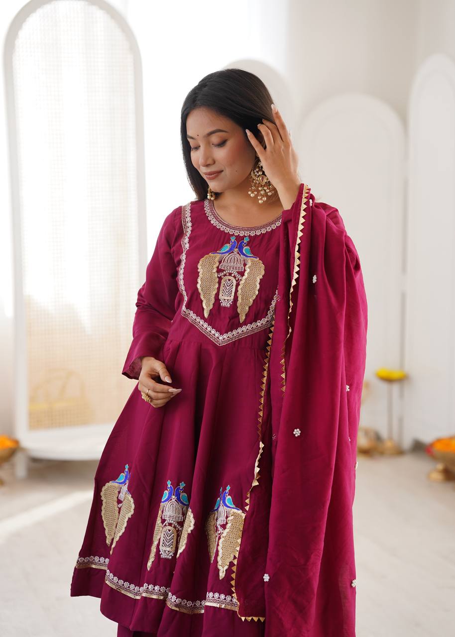 Maroon Roman Silk  Sequence Embroidery  with Palazzo Set