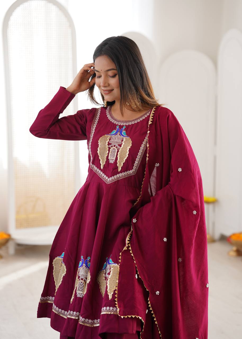 Maroon Roman Silk  Sequence Embroidery  with Palazzo Set