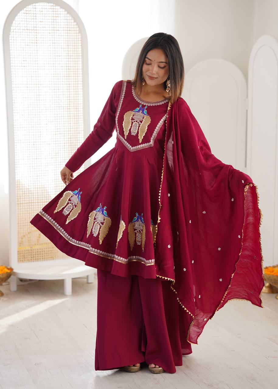 Maroon Roman Silk  Sequence Embroidery  with Palazzo Set