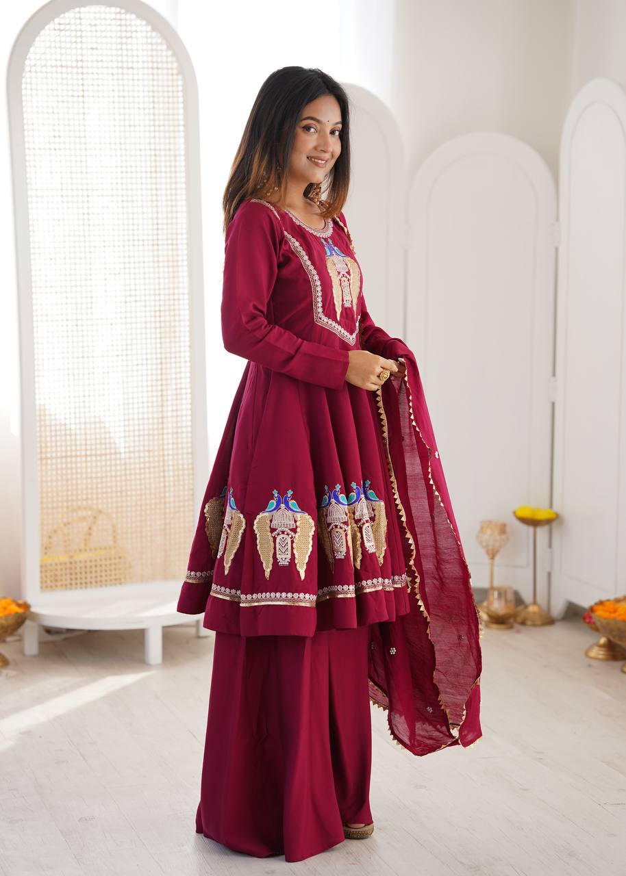 Maroon Roman Silk  Sequence Embroidery  with Palazzo Set