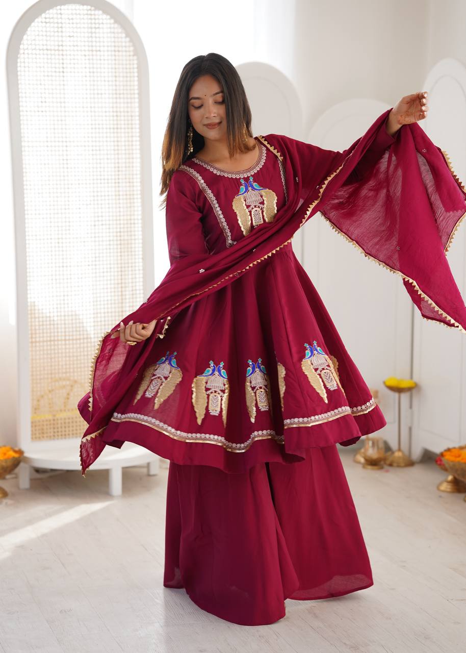 Maroon Roman Silk  Sequence Embroidery  with Palazzo Set