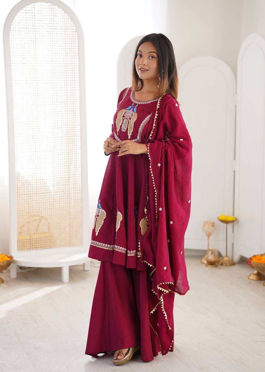 Maroon Roman Silk  Sequence Embroidery  with Palazzo Set