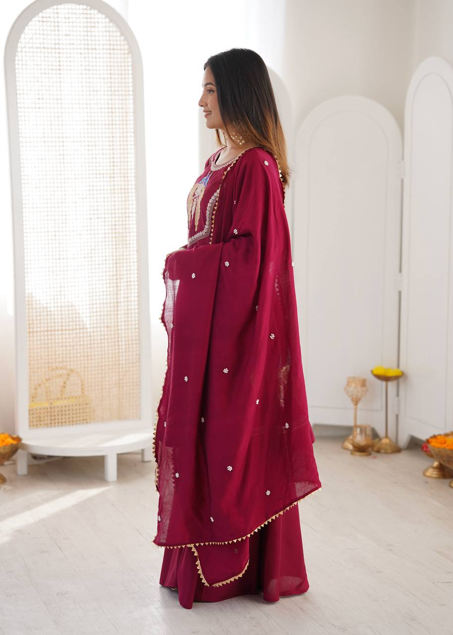 Maroon Roman Silk  Sequence Embroidery  with Palazzo Set