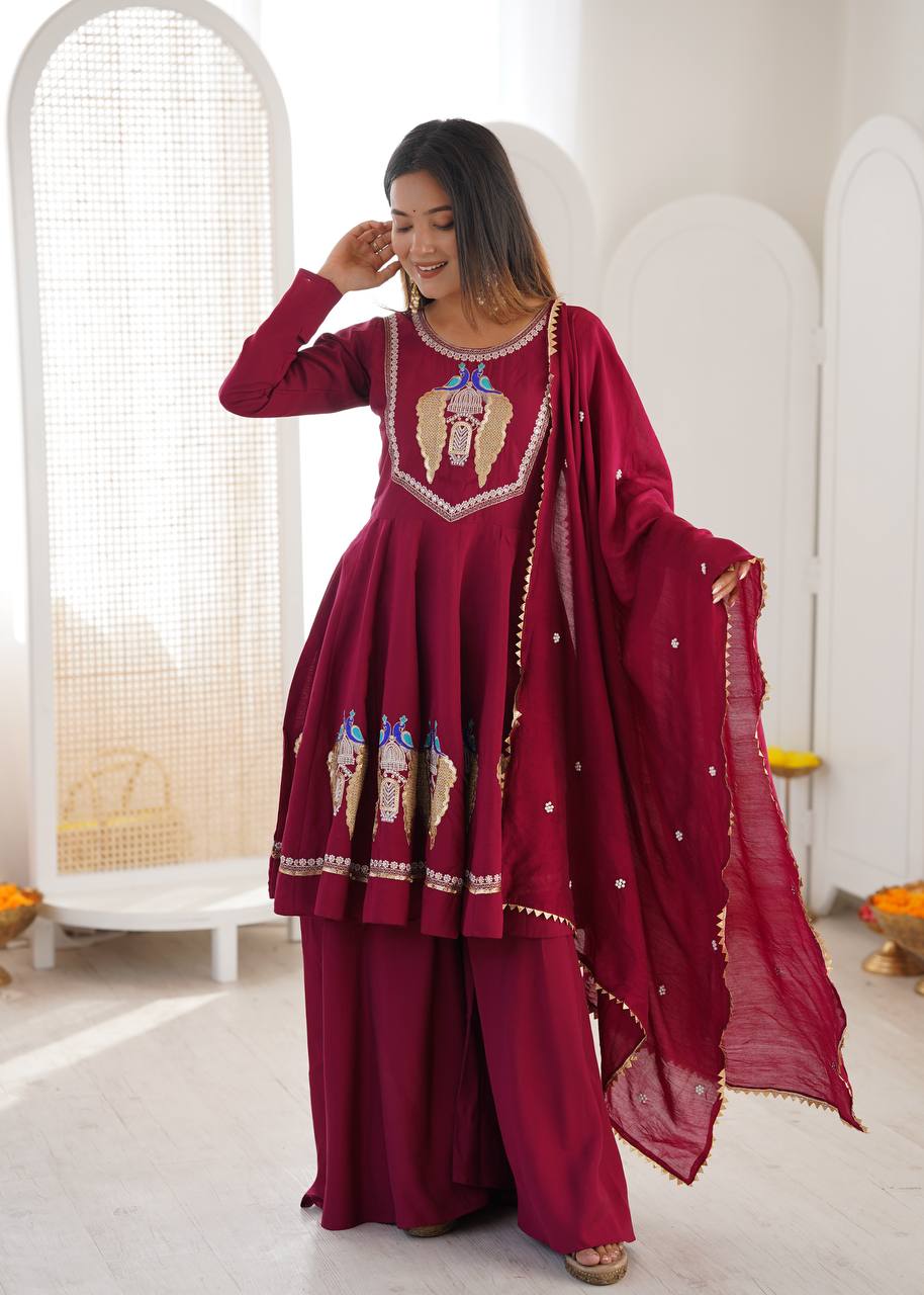 Maroon Roman Silk  Sequence Embroidery  with Palazzo Set