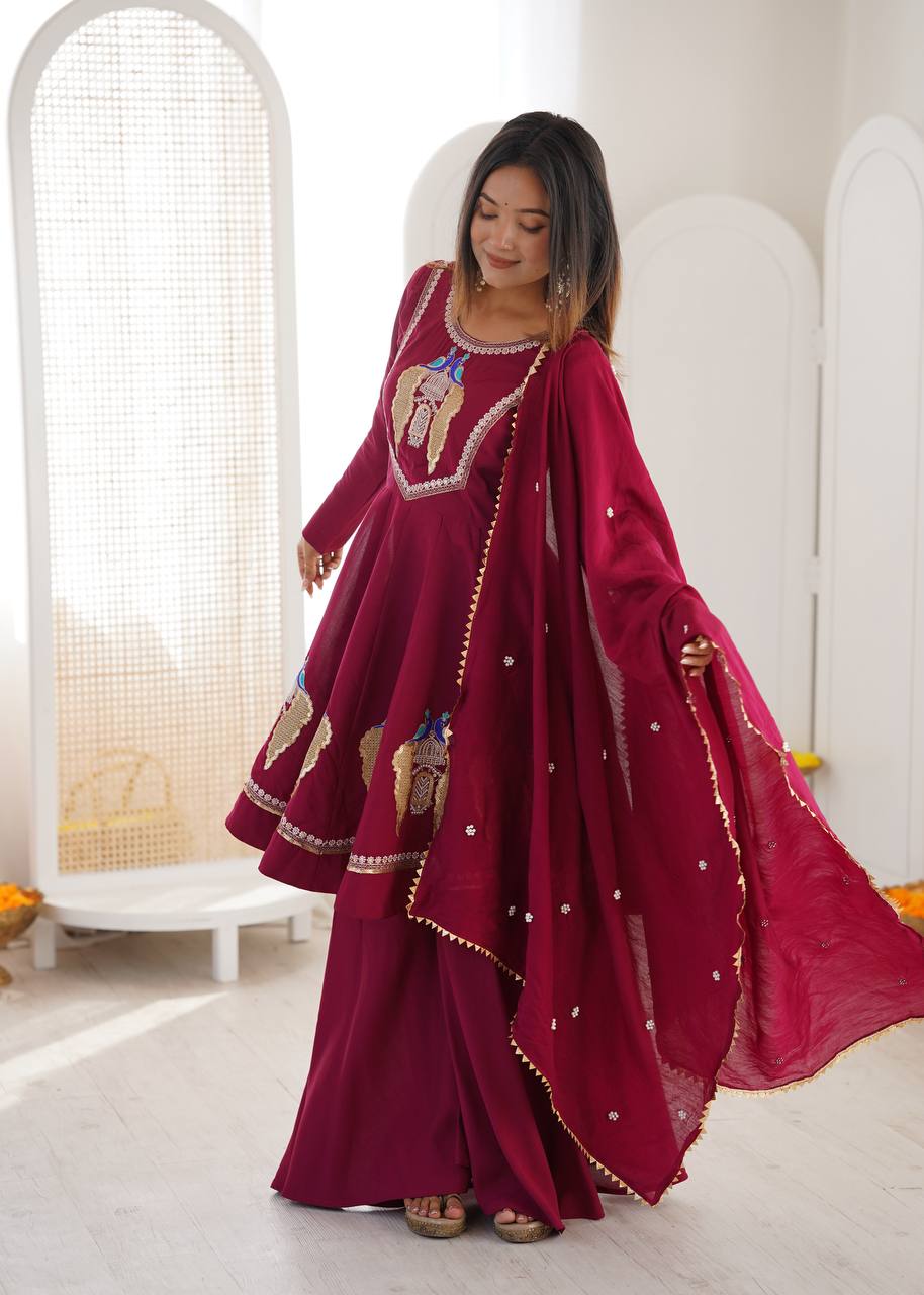 Maroon Roman Silk  Sequence Embroidery  with Palazzo Set