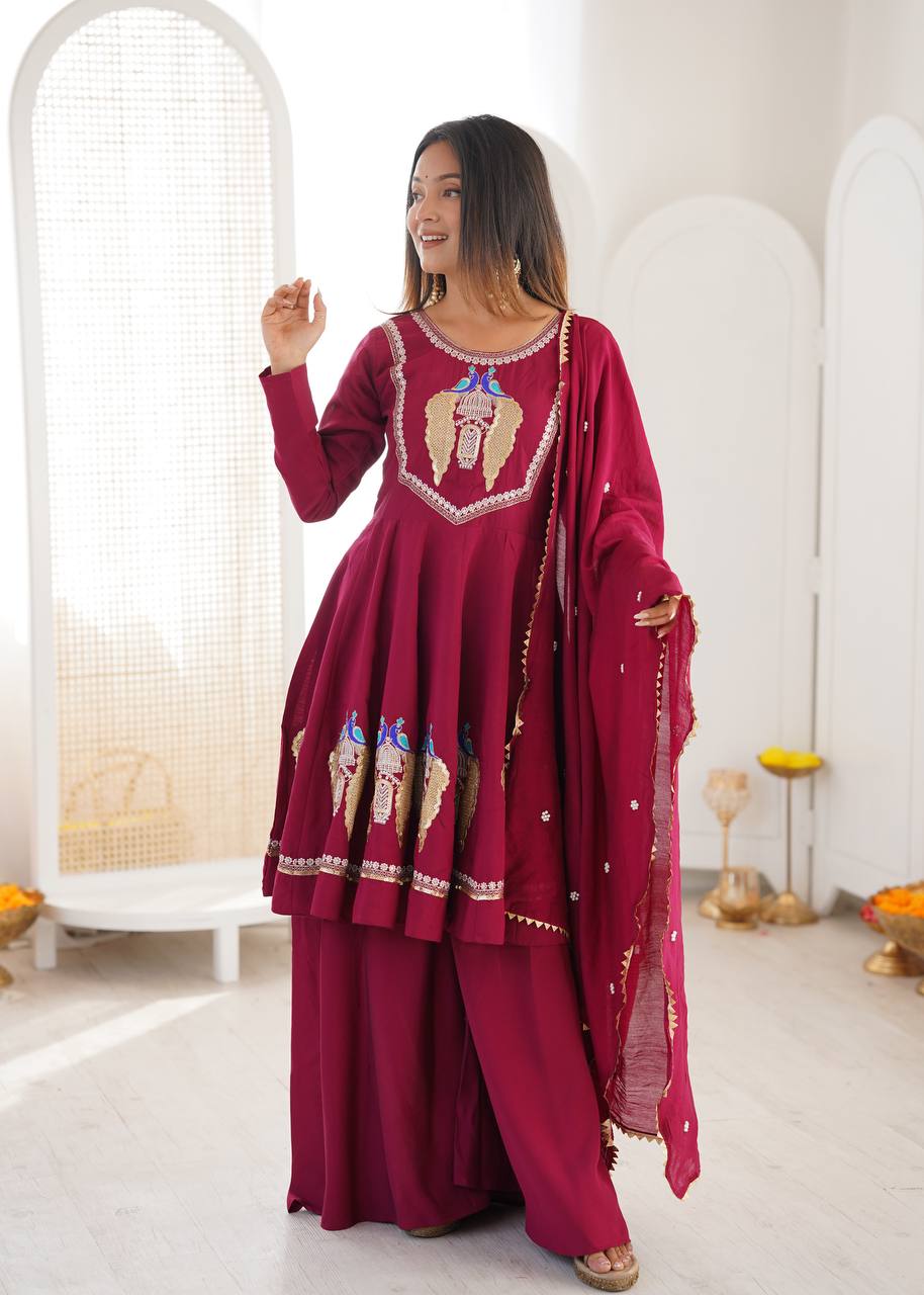 Maroon Roman Silk  Sequence Embroidery  with Palazzo Set