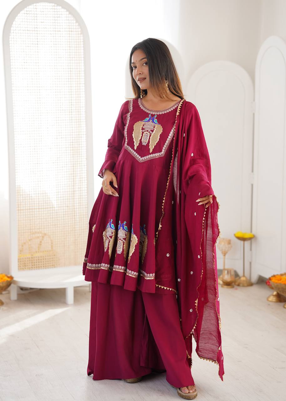 Maroon Roman Silk  Sequence Embroidery  with Palazzo Set