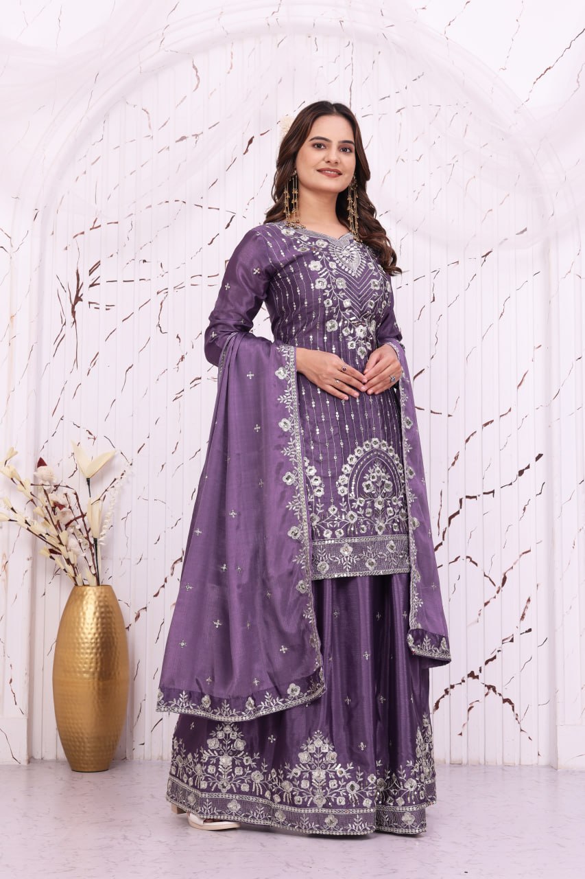 Purpal Chinon Silk 3-Piece Sharara Set with Sequence Embroidery Work