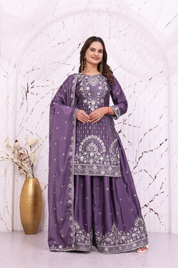 Purpal Chinon Silk 3-Piece Sharara Set with Sequence Embroidery Work