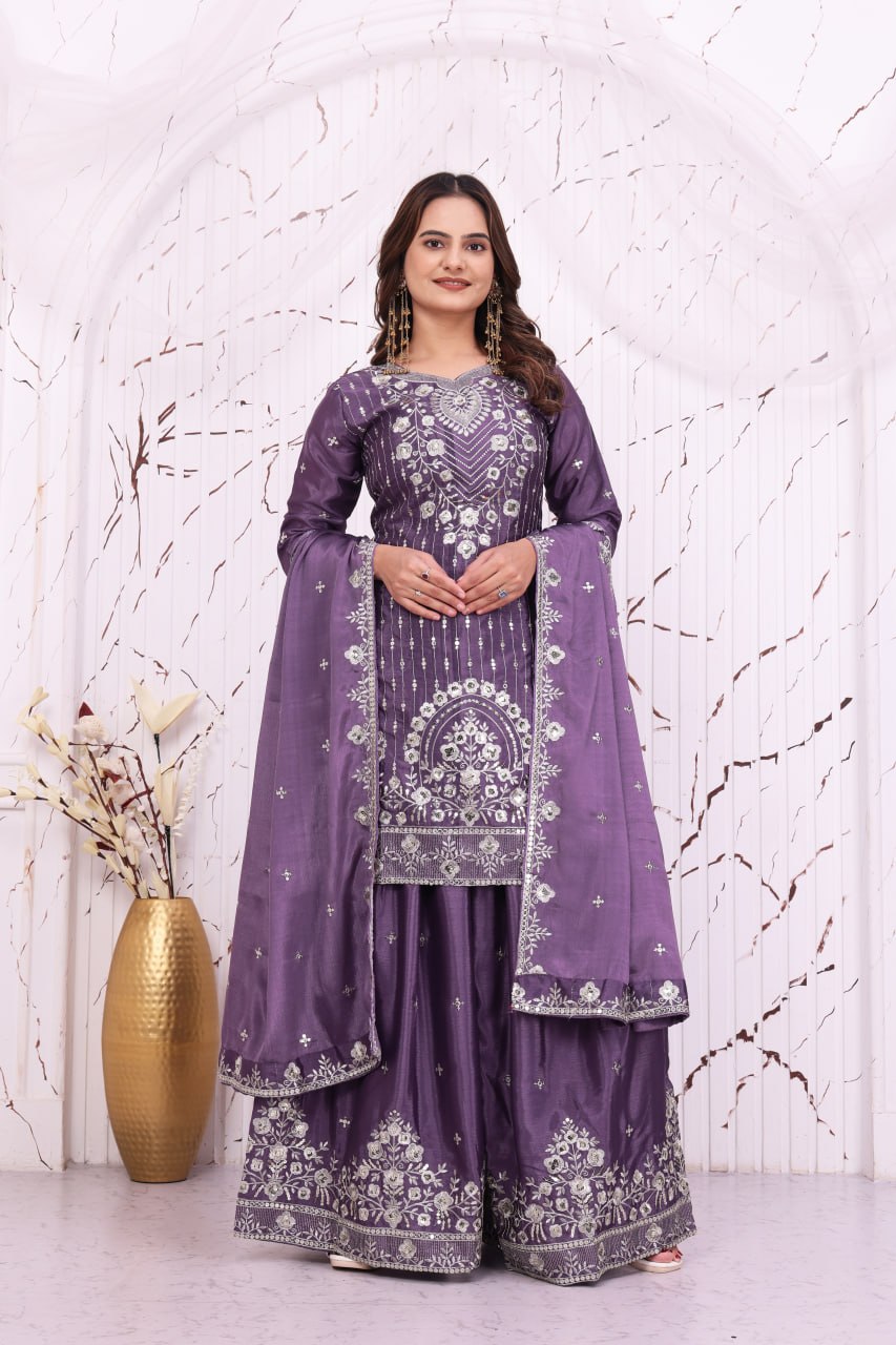 Purpal Chinon Silk 3-Piece Sharara Set with Sequence Embroidery Work