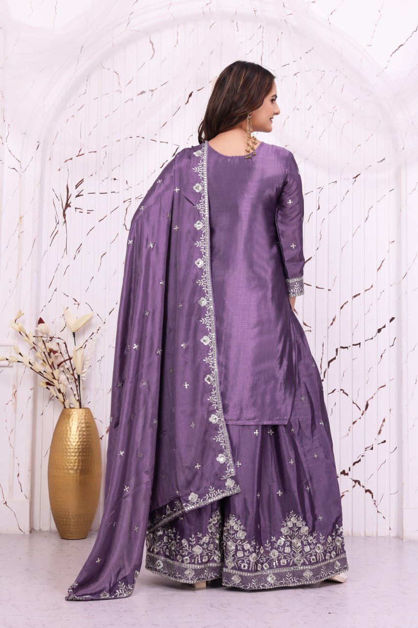 Purpal Chinon Silk 3-Piece Sharara Set with Sequence Embroidery Work