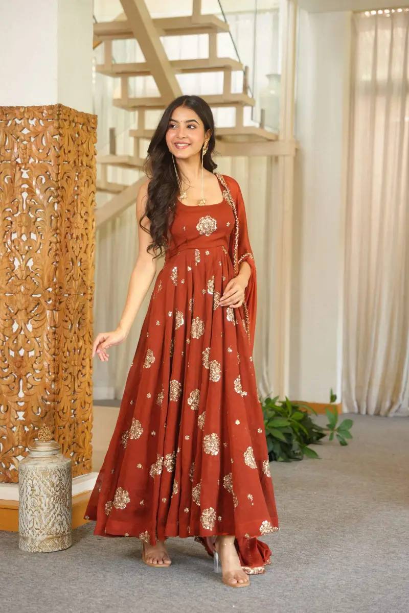 Karishma Silk Anarkali Gown with Embroidered Work, Pant & Dupatta