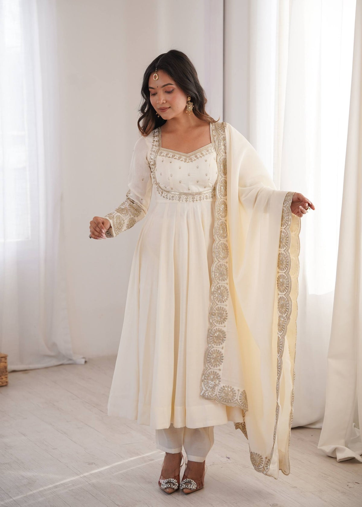 White Roman Silk Embroidery Sequence Work Suit Set