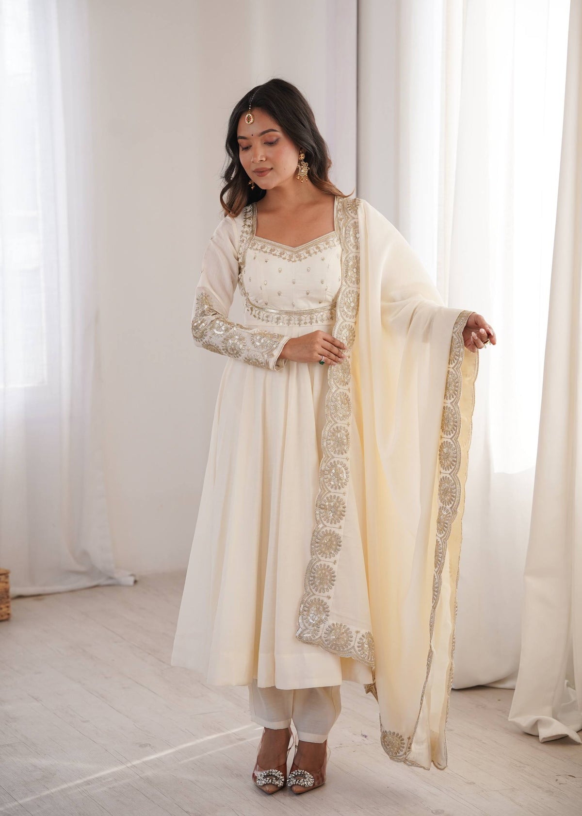 White Roman Silk Embroidery Sequence Work Suit Set