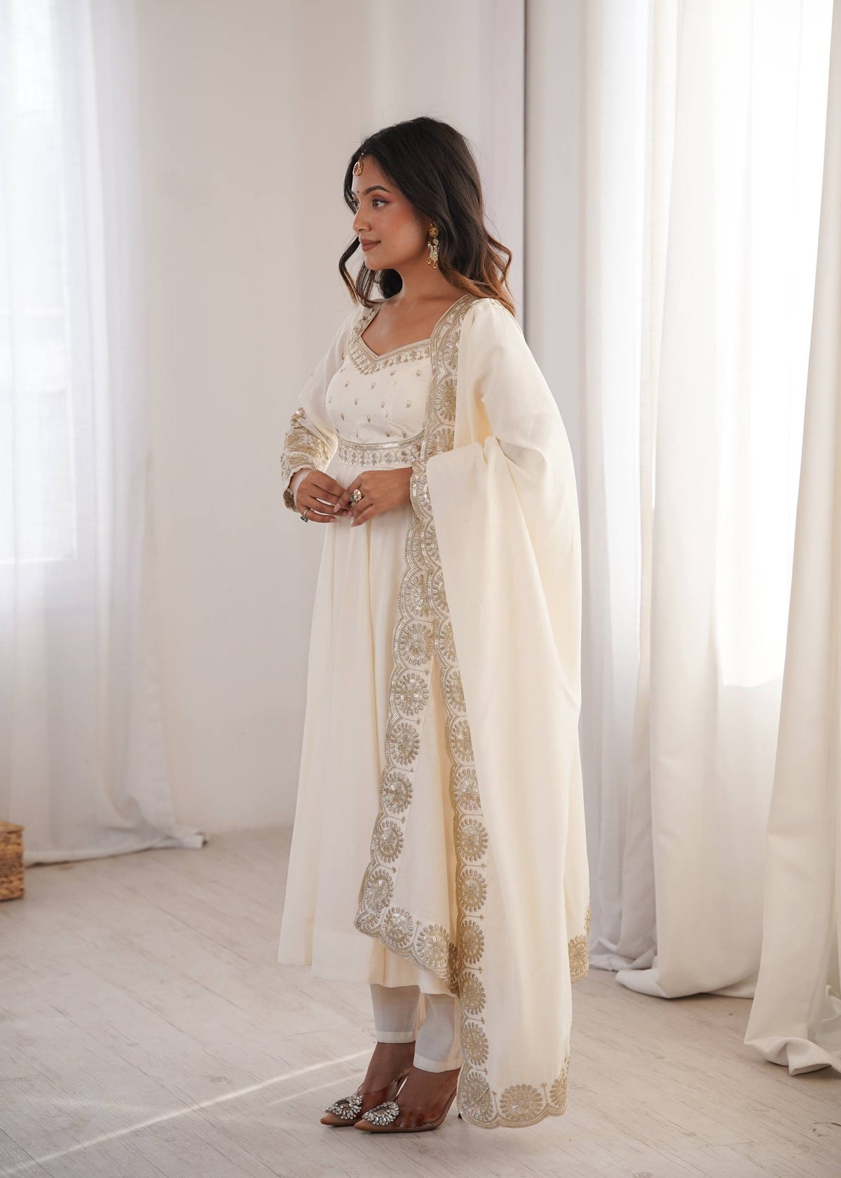 White Roman Silk Embroidery Sequence Work Suit Set