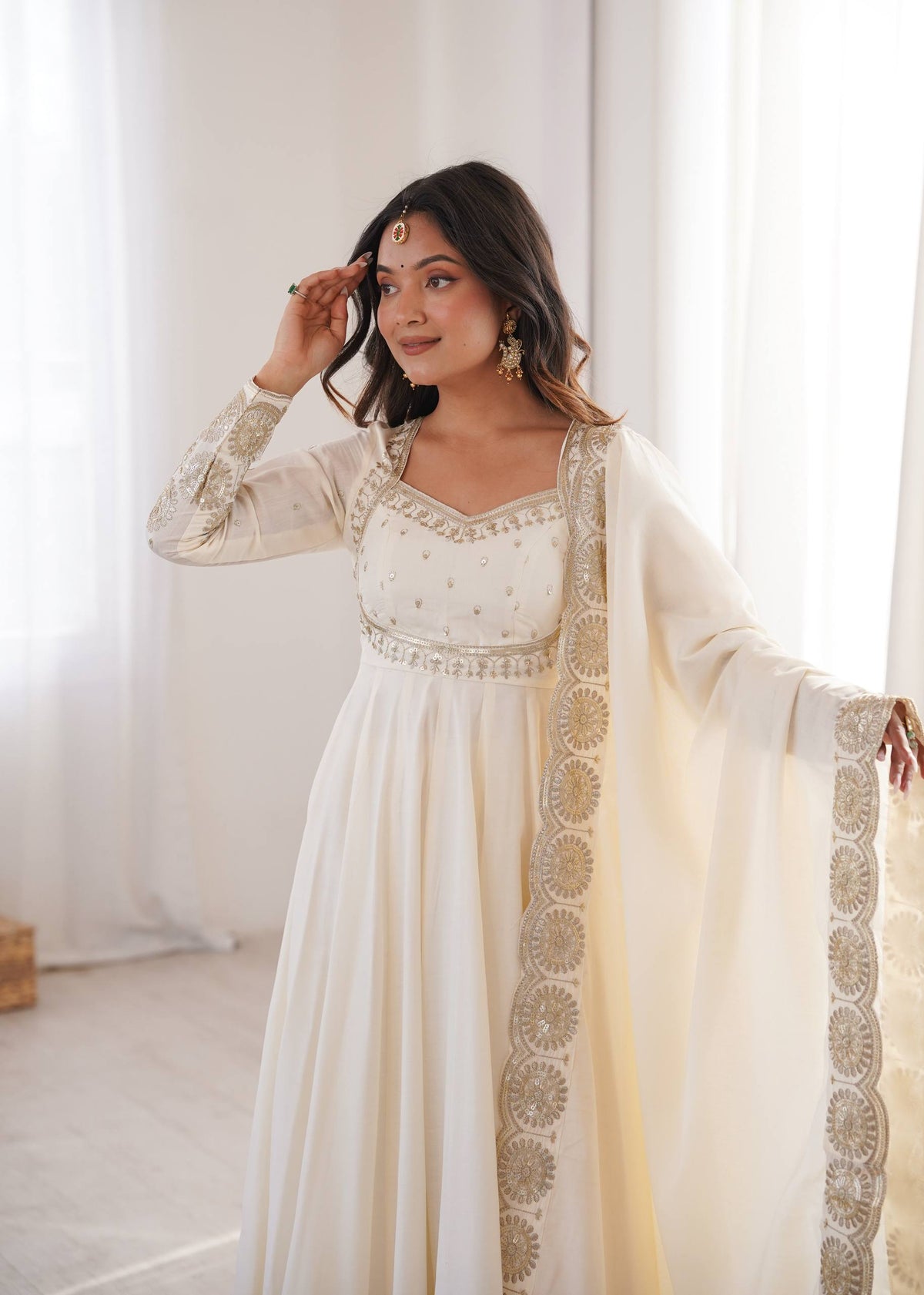 White Roman Silk Embroidery Sequence Work Suit Set