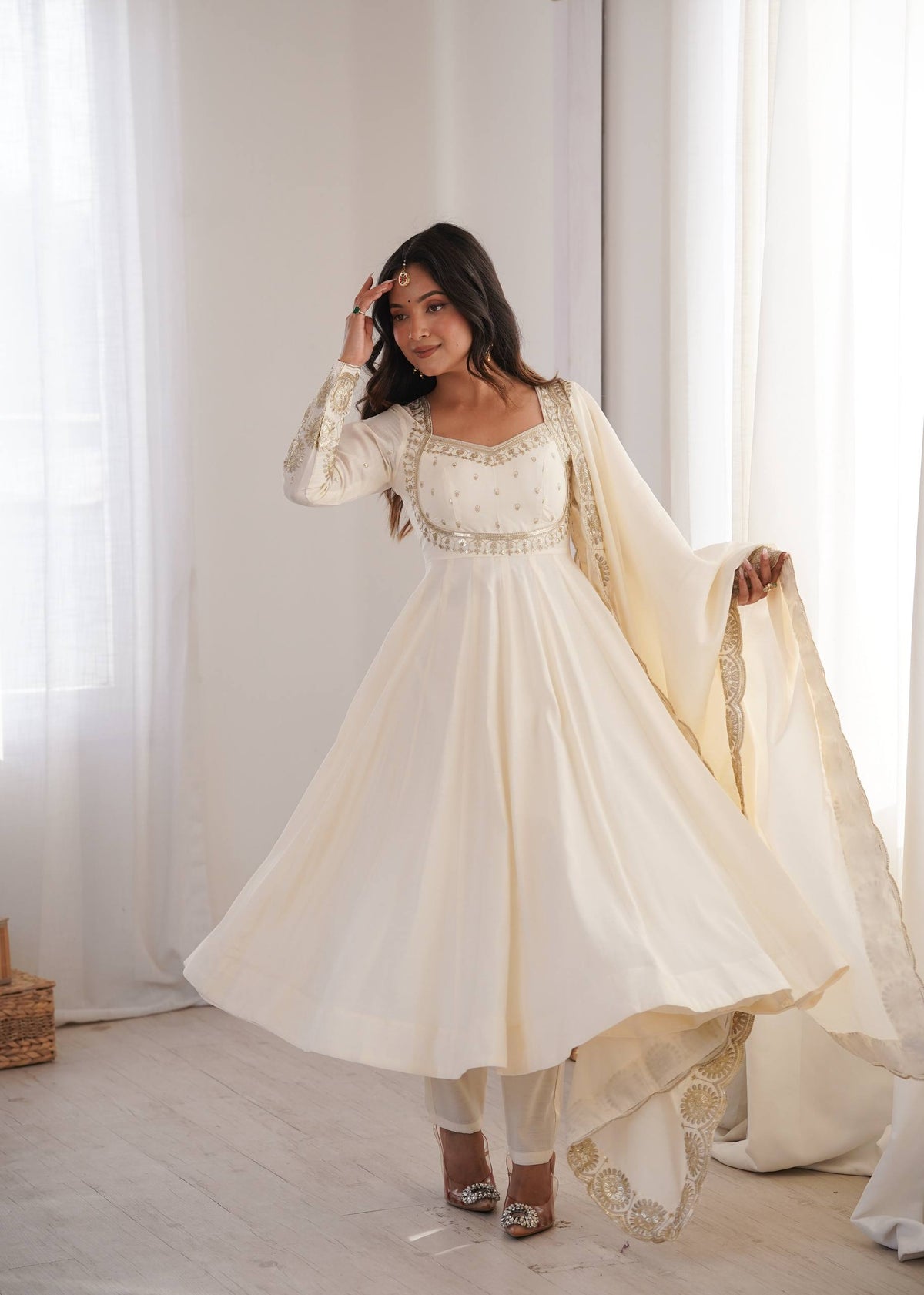 White Roman Silk Embroidery Sequence Work Suit Set