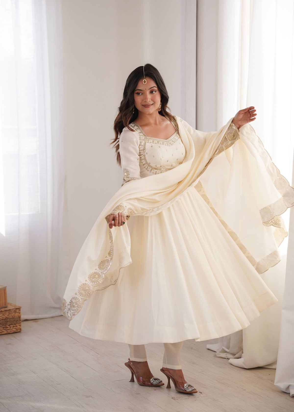 White Roman Silk Embroidery Sequence Work Suit Set