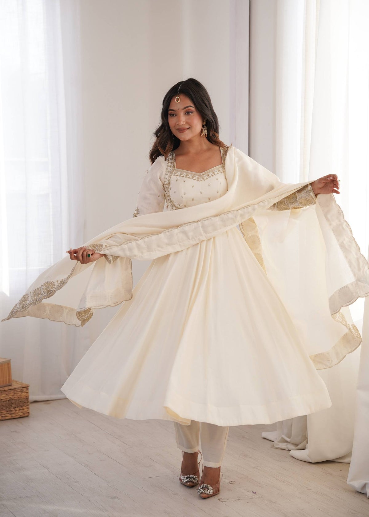 White Roman Silk Embroidery Sequence Work Suit Set