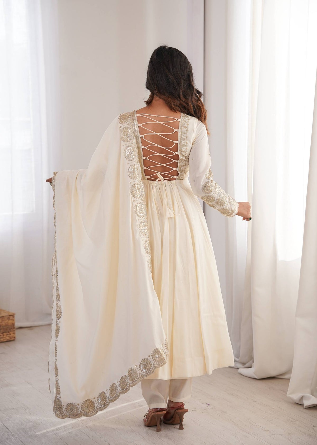 White Roman Silk Embroidery Sequence Work Suit Set