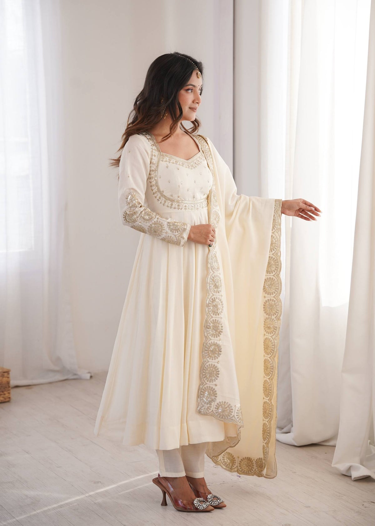 White Roman Silk Embroidery Sequence Work Suit Set